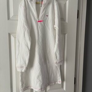 Vineyard Vines Girls' White Pullover 1/4 zip terry dress white with Pink Accents